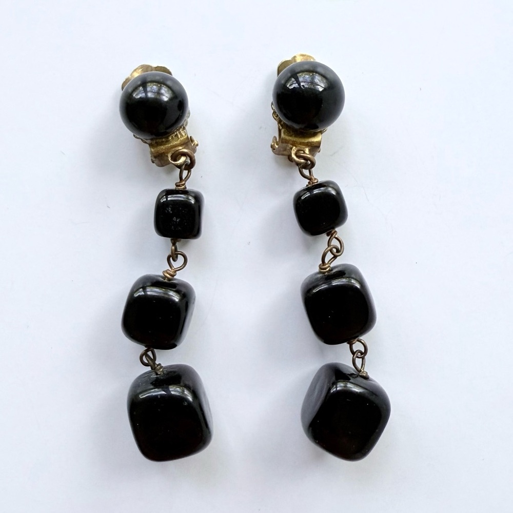 Vintage French Black Lampwork / Poured Glass Cube & Cabochon Drop Earrings